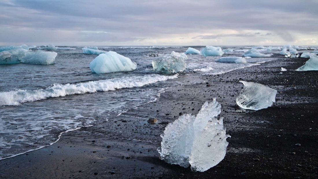 Ice on the black sand of Diamond Beach, Iceland